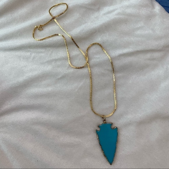 Faux Turquoise Arrow Head Gold Tone Chain Accents 24” Long boho southwestern - Picture 6 of 16